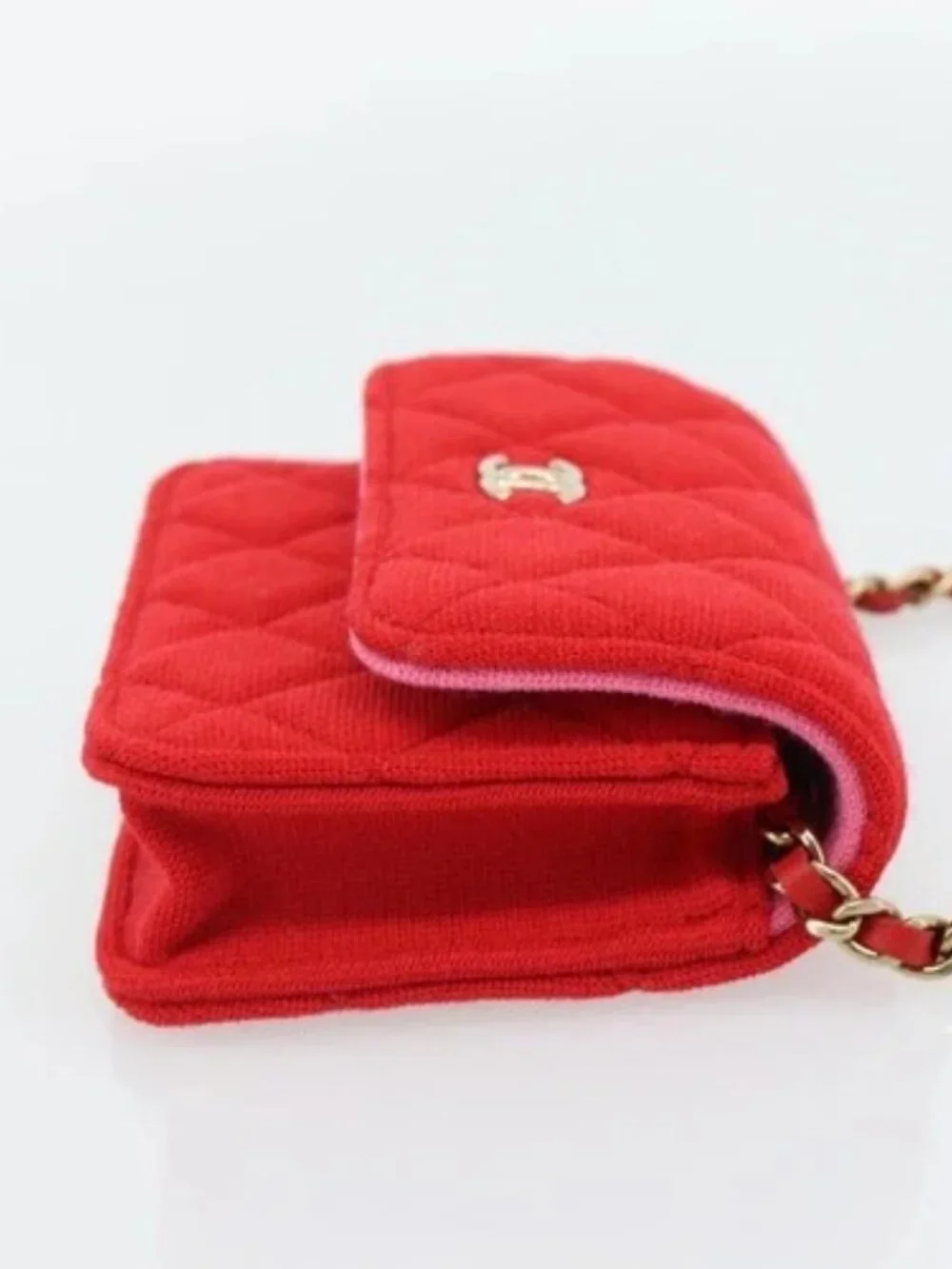 CHANEL Chain Mini Matelasse 12 Shoulder Bag Cotton Red Gold CC Auth 182786SM